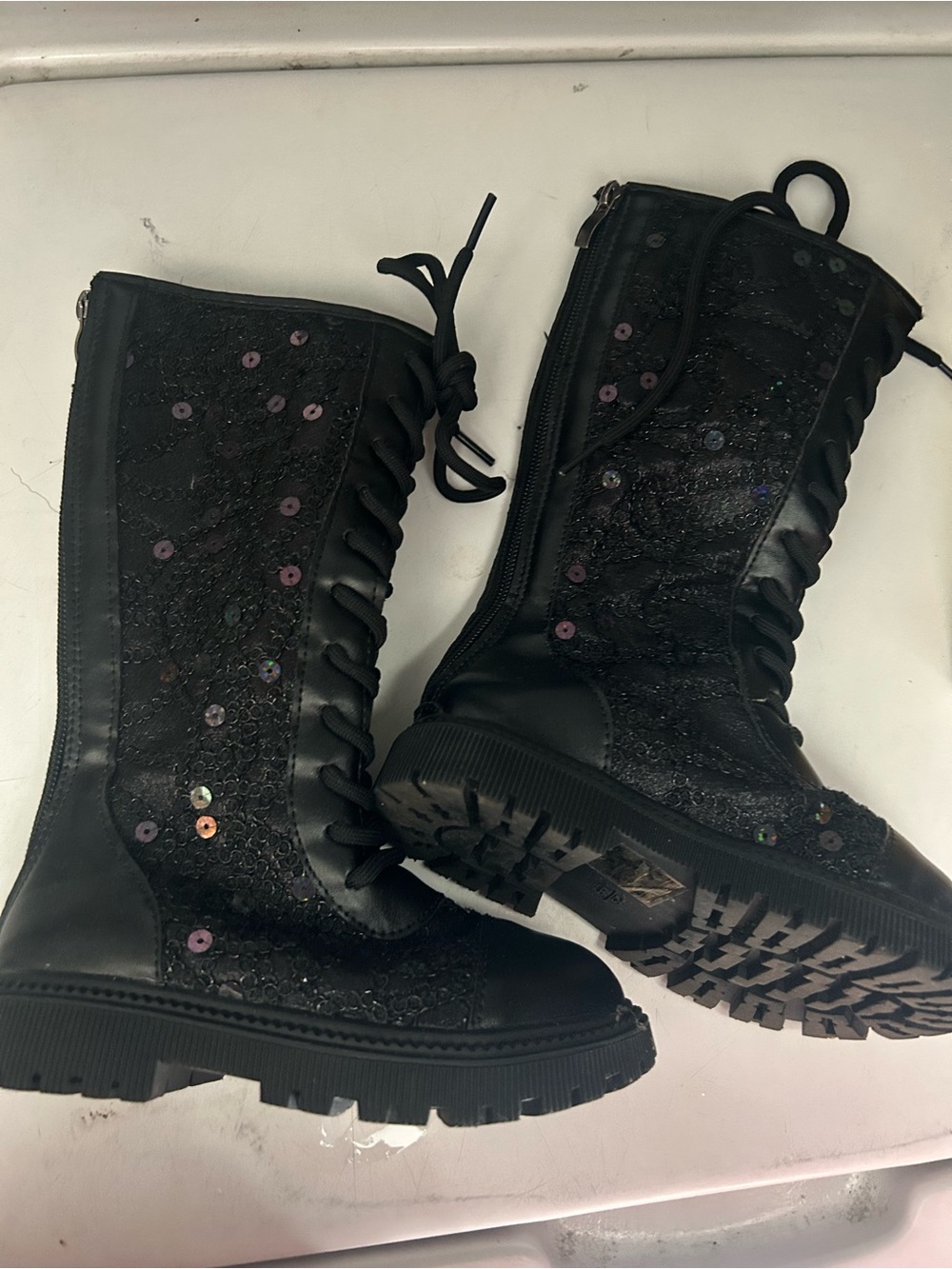 Kids size 10 Black Sequin Lace-Up Mid-Calf Boots